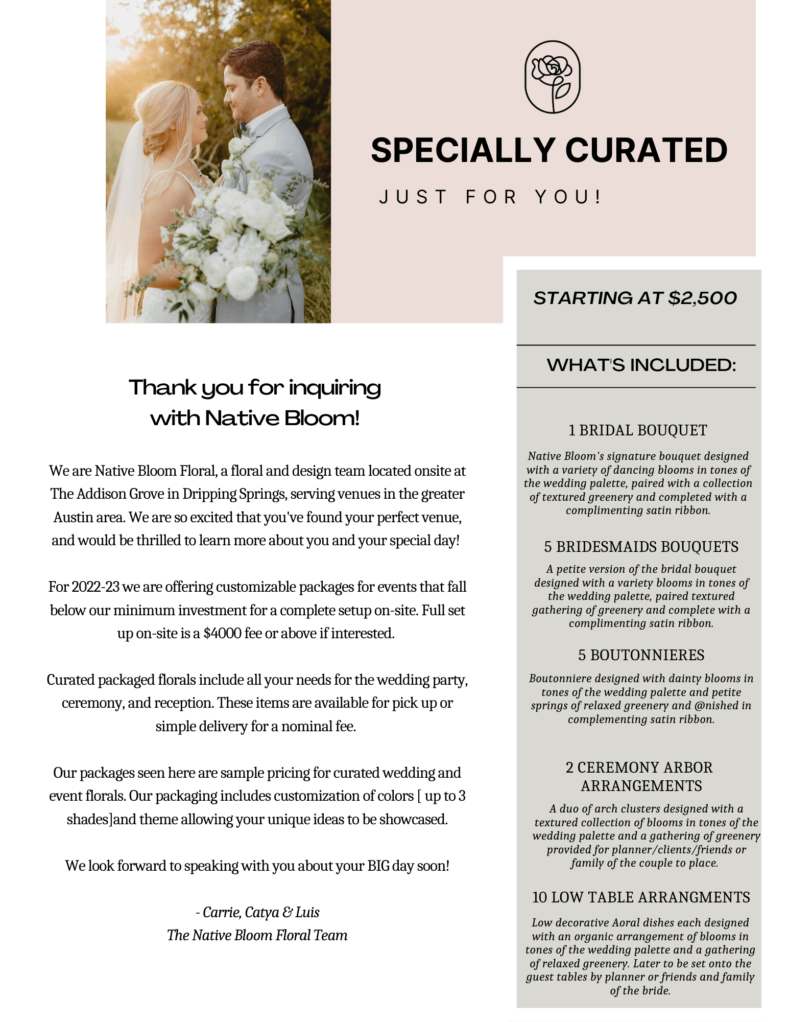 Wedding invitation sample with couple photo, “specially curated” header, and scheduling details