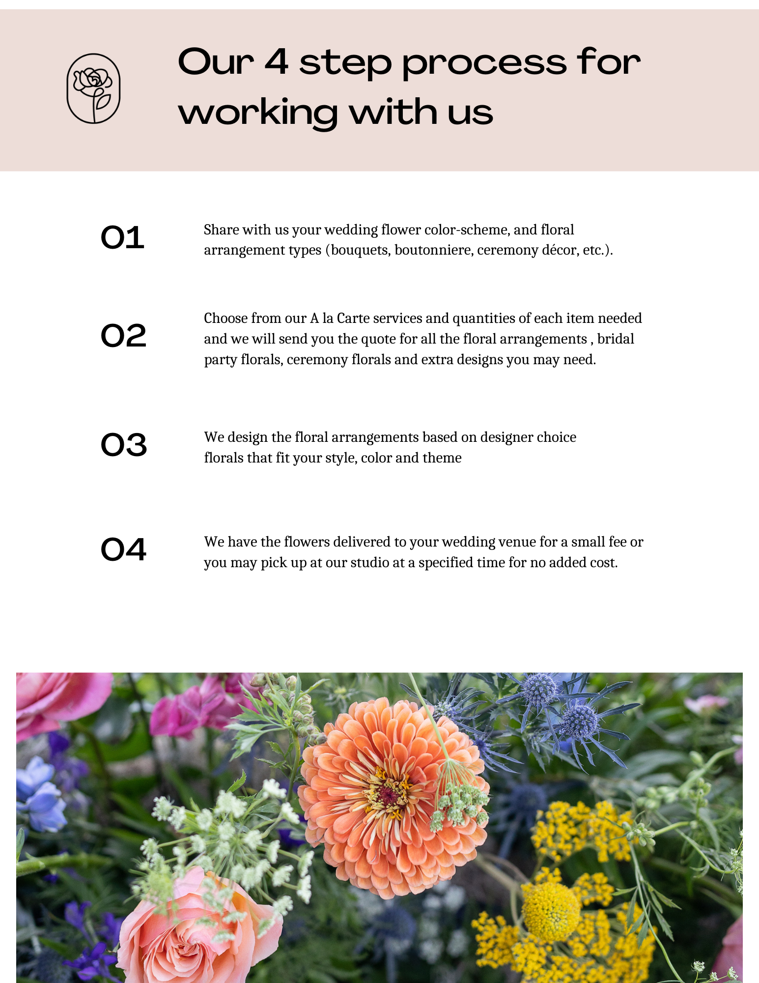 “4 step process for working with us” with a floral photo of pink, orange, and yellow flowers below