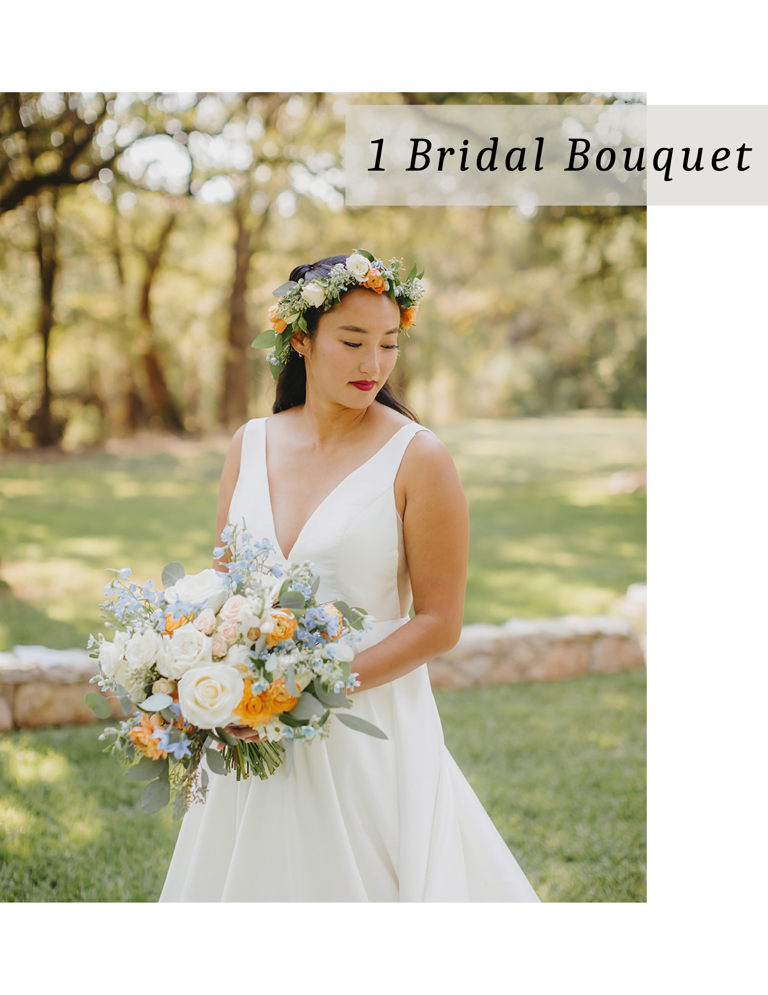 Bride holding a white and peach bouquet in a garden, wearing a white dress and floral crown