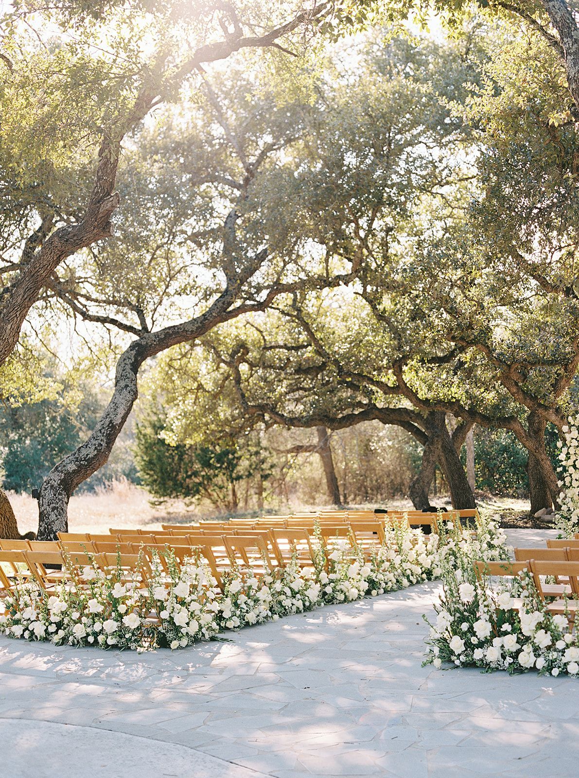 Sunlit outdoor wedding ceremony aisle lined with white flowers and wooden chairs under oak trees