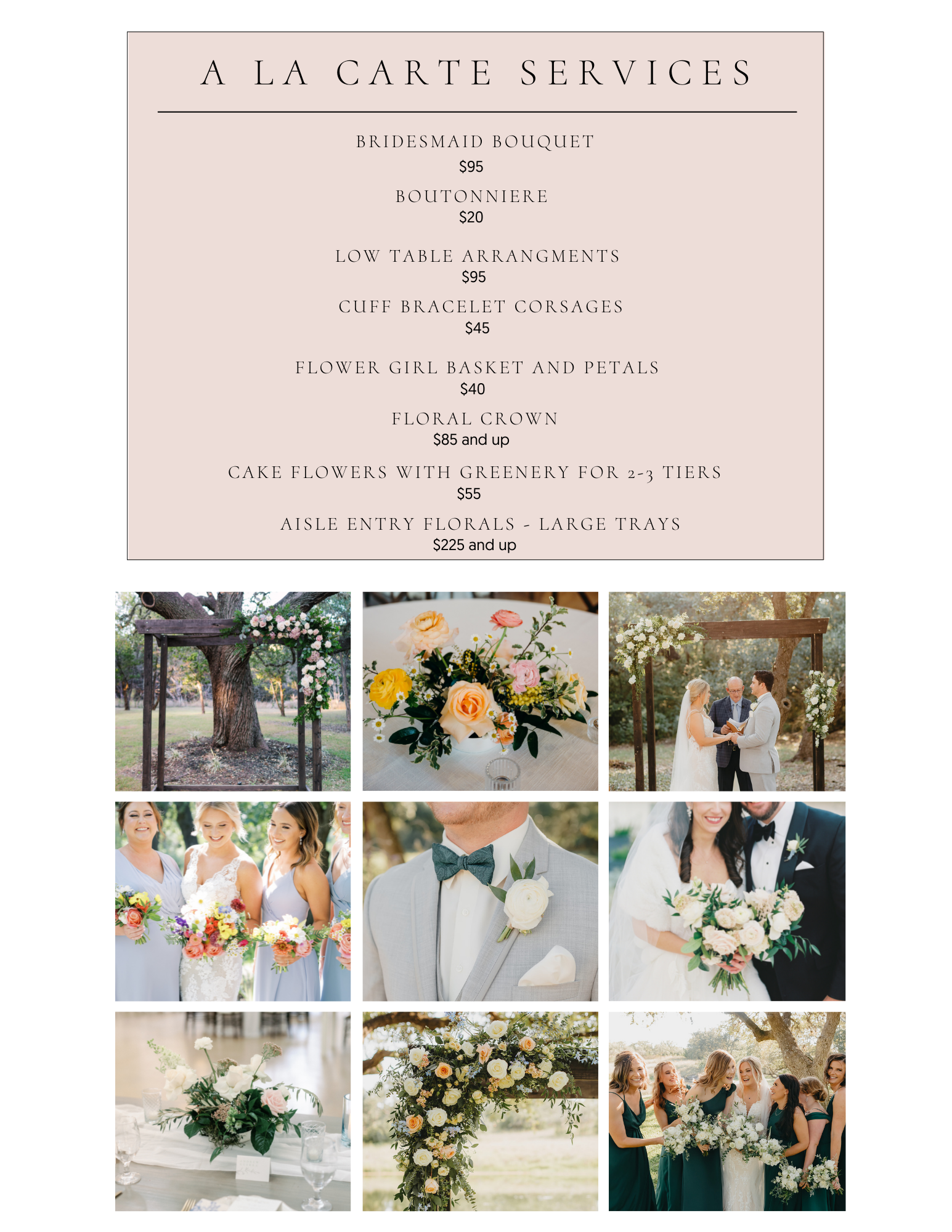 Wedding catering menu and floral decor mood board with peach, white, and greenery details