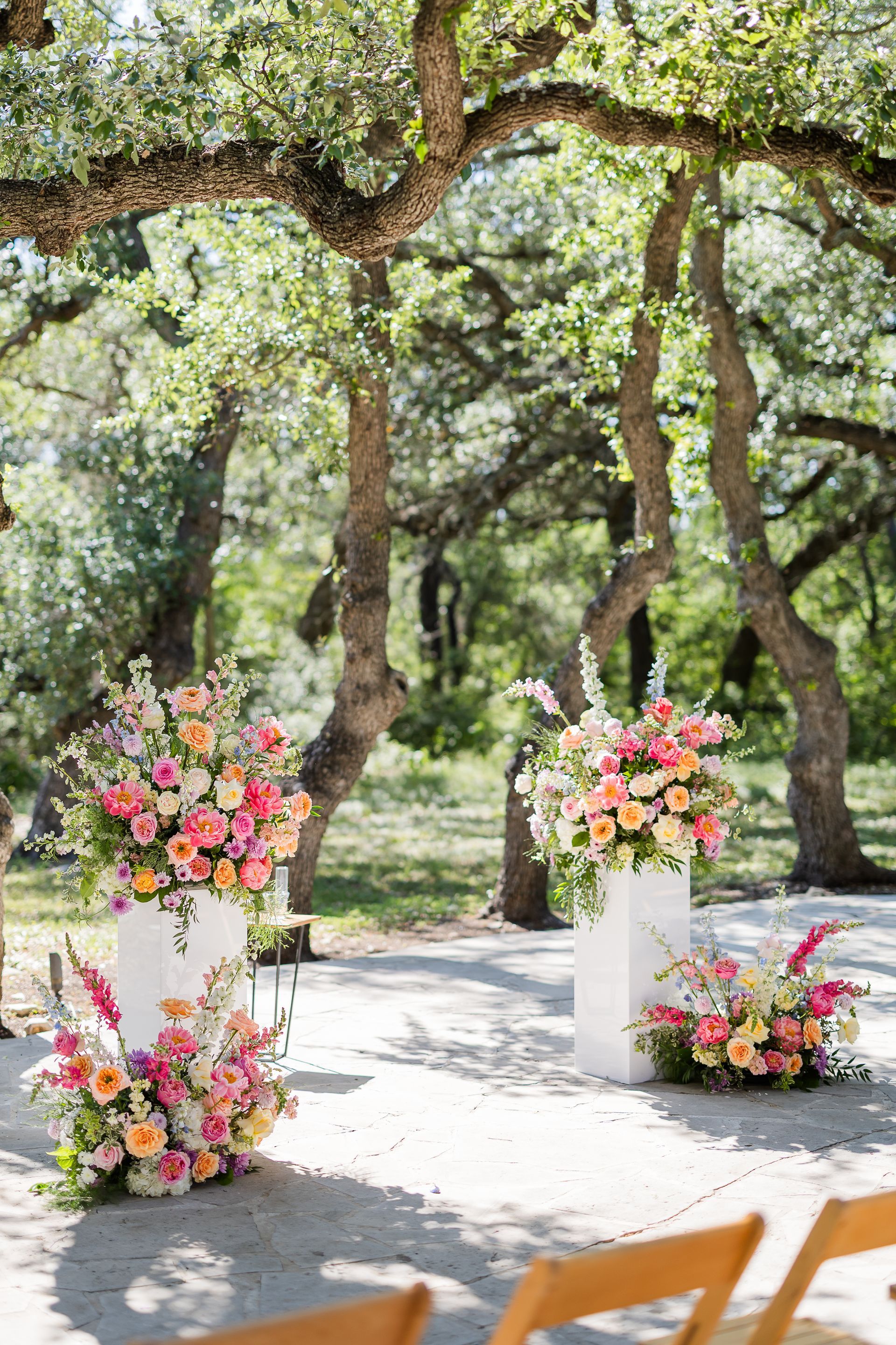 Outdoor wedding aisle with white pedestals and pink floral arrangements under oak trees