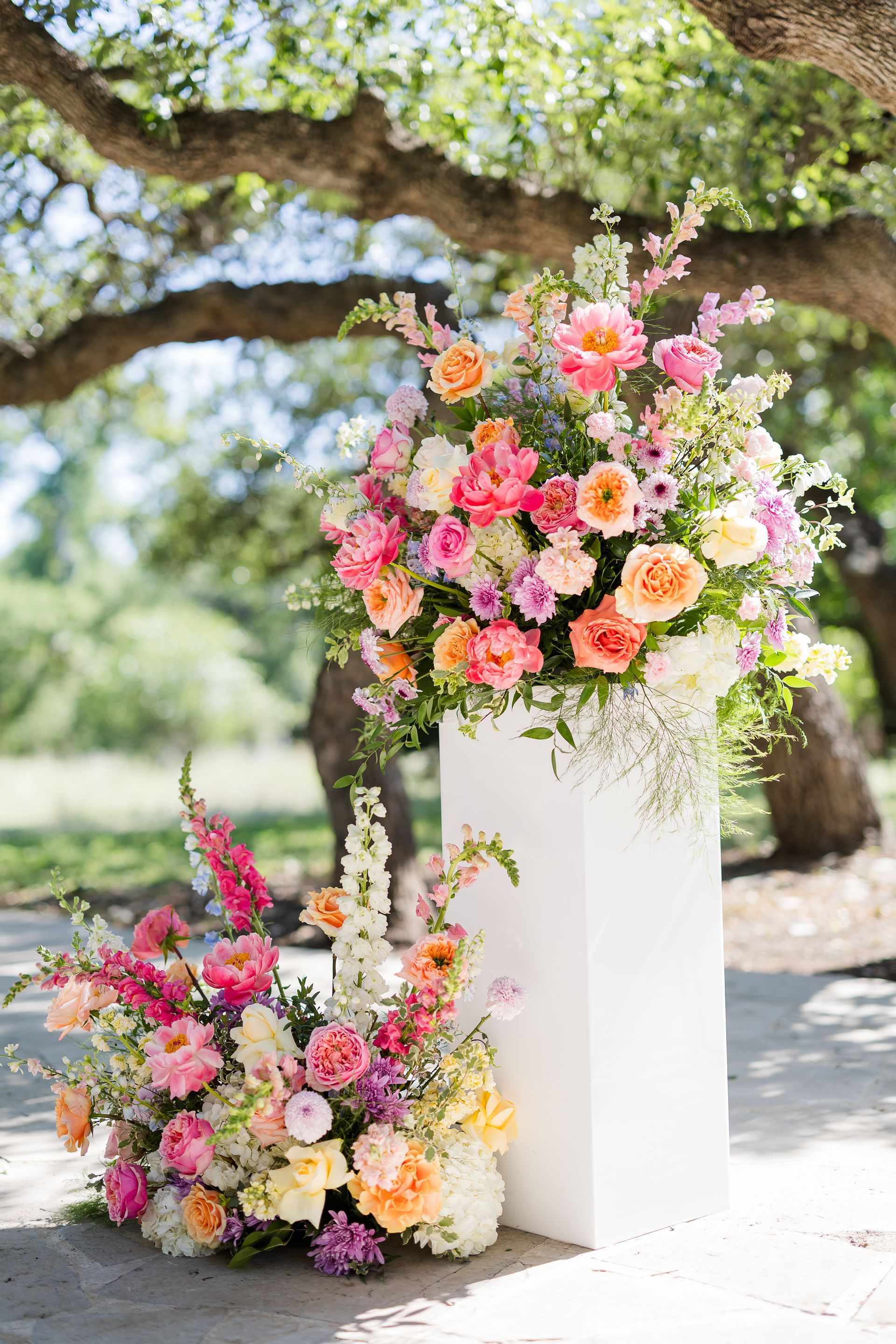 Two colorful flower arrangements on white pedestals outdoors under a tree
