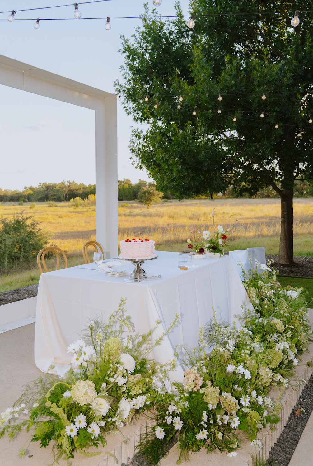 Outdoor dessert table with white flowers under a tree in a sunny field