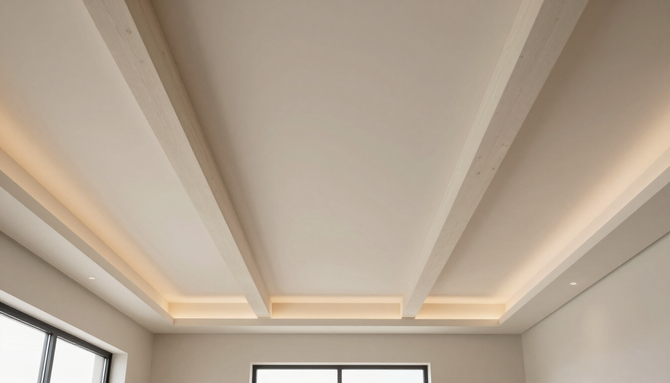Modern white ceiling with recessed tray lighting above a bright room with windows