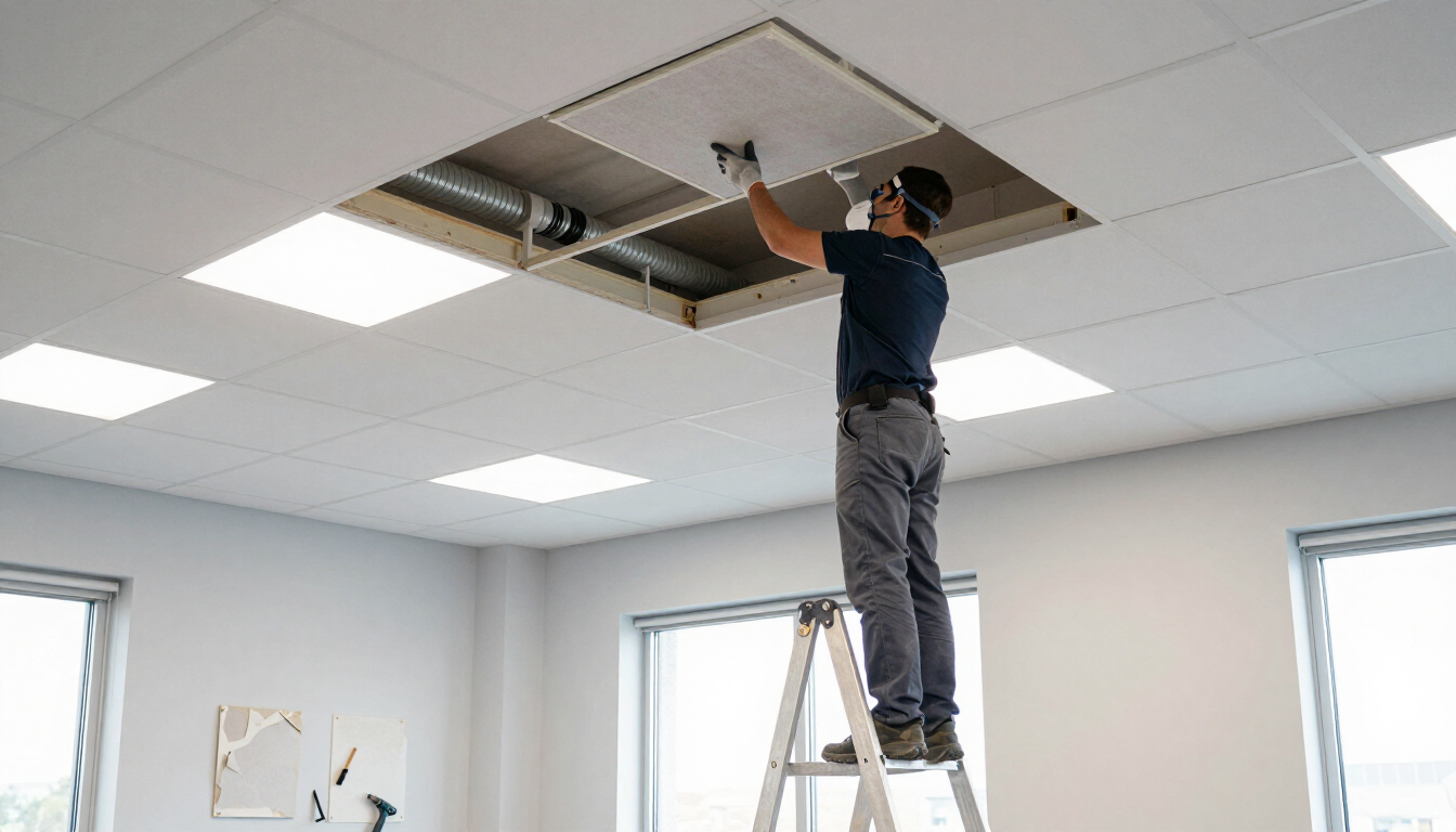 Worker on a ladder installing a ceiling panel in a bright office room