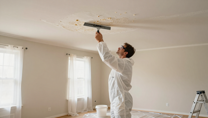 Person in white coveralls painting the ceiling in a bright, sparsely furnished room