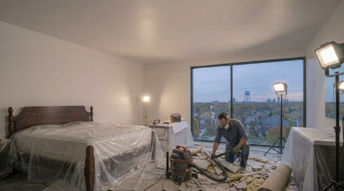 Person painting a bedroom with plastic-covered furniture and a sunset view through sliding glass doors
