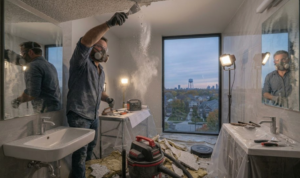 Two workers painting a room with plastic-covered floors and a city view through the window.