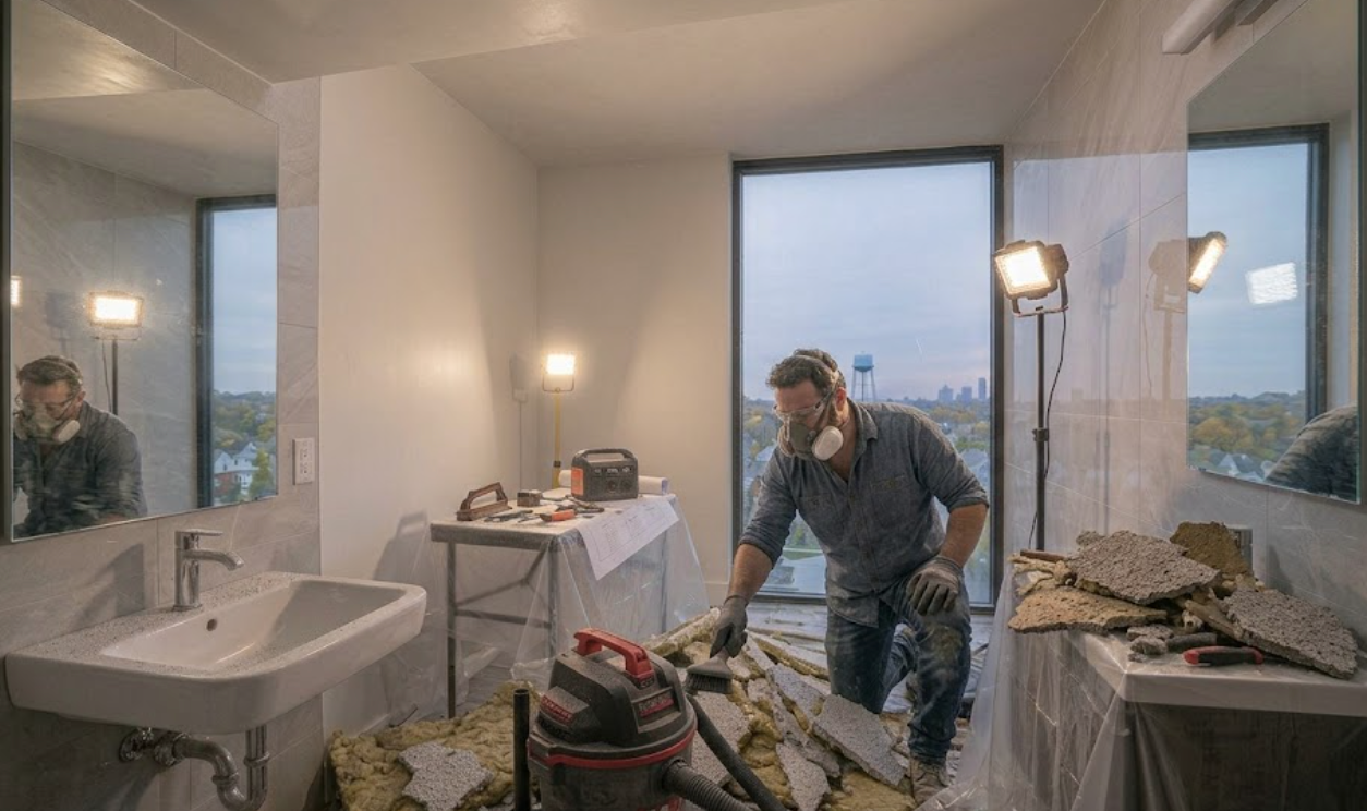Person working in a bathroom under renovation, with tools, a ladder, and construction materials nearby.