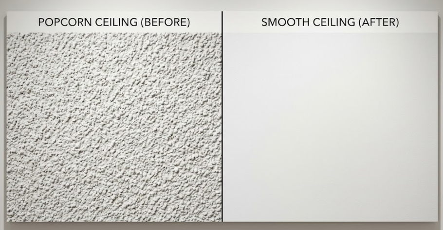 Split image showing a textured popcorn ceiling before and a smooth white ceiling after.