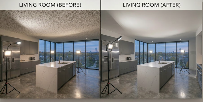 Split-screen living room before-and-after: dim warm lighting changes to bright daylight with a view of the city.