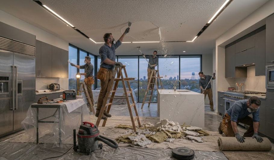 Workers renovating a bright kitchen with ladders, tools, and construction debris.