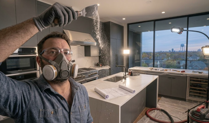 Person wearing a respirator holds up a debris-filled glove in a modern kitchen during cleanup.