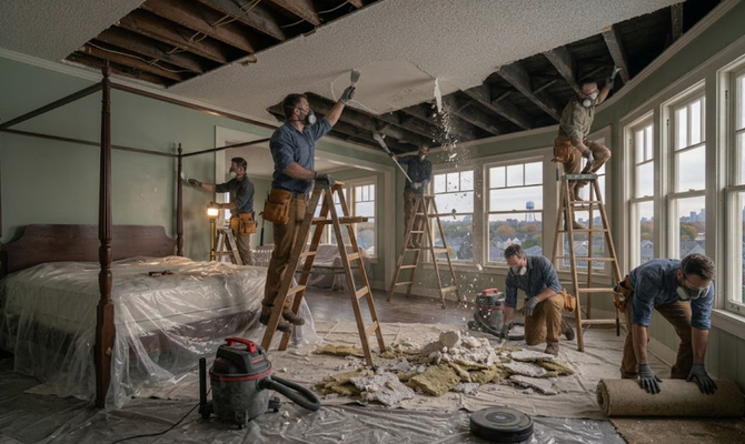Workers renovating a bright room with ladders, tools, and plastic-covered furniture; dust and debris on the floor.