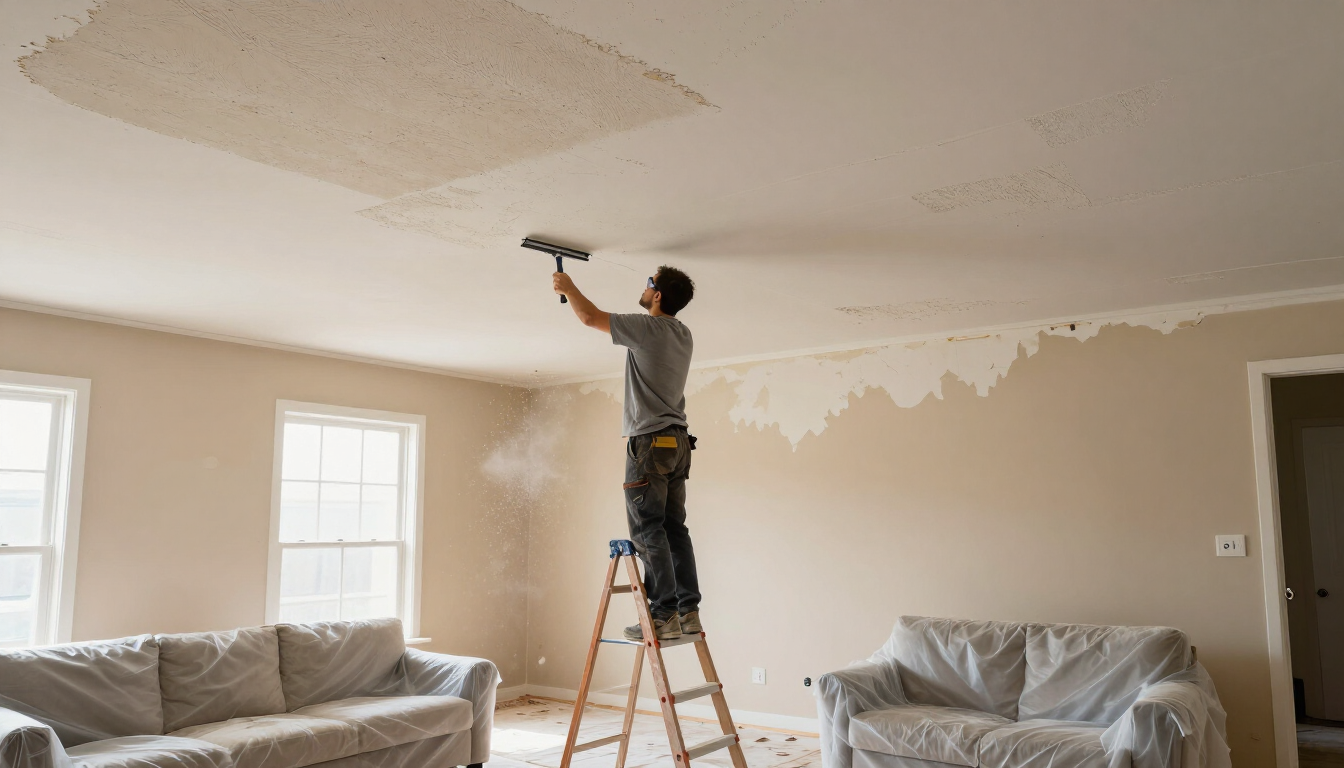 Person painting a beige ceiling while standing on a ladder in a living room with covered furniture.