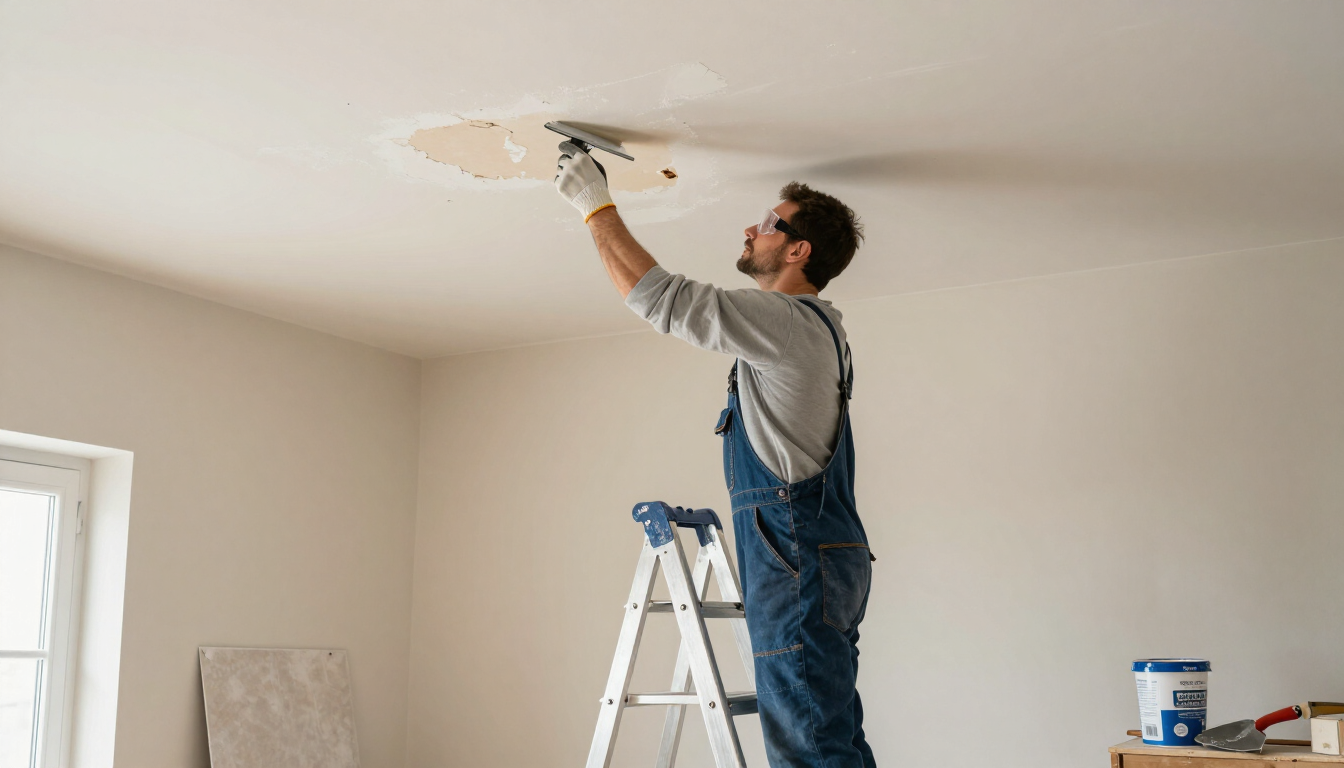 Person sanding a ceiling patch indoors on a ladder in a room under renovation