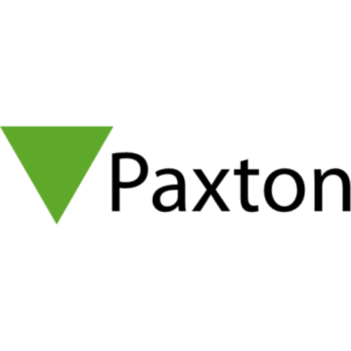 Un logo Paxton avec un triangle vert au milieu