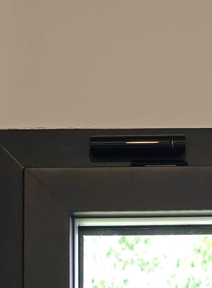 Un gros plan d'une fenêtre avec un cadre noir et un plafond blanc.
