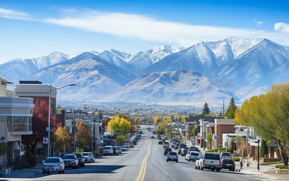An aerial view of a building with mountains in the background