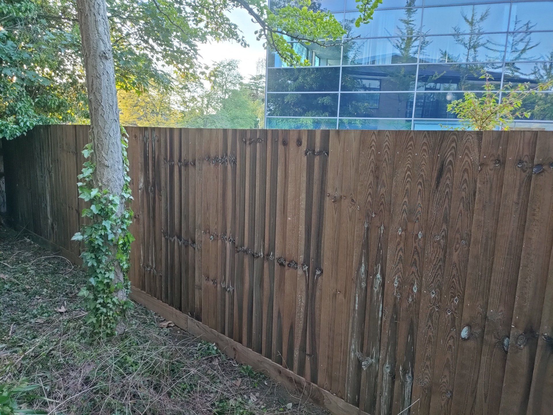 A feather edge new fence between two commercial business properties