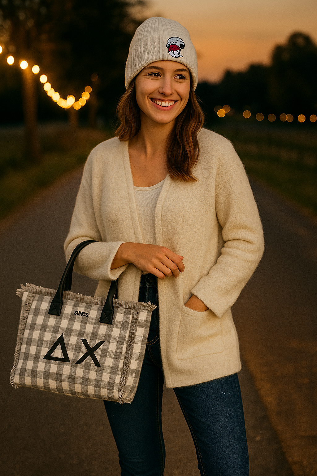 Donna che indossa un cardigan color crema, un berretto e jeans, e tiene in mano una borsa a quadri con la scritta