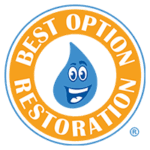 Logo: Orange circle with blue and white text; a smiling blue water droplet.