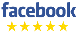 Facebook logo with five gold stars, indicating a 5-star rating.