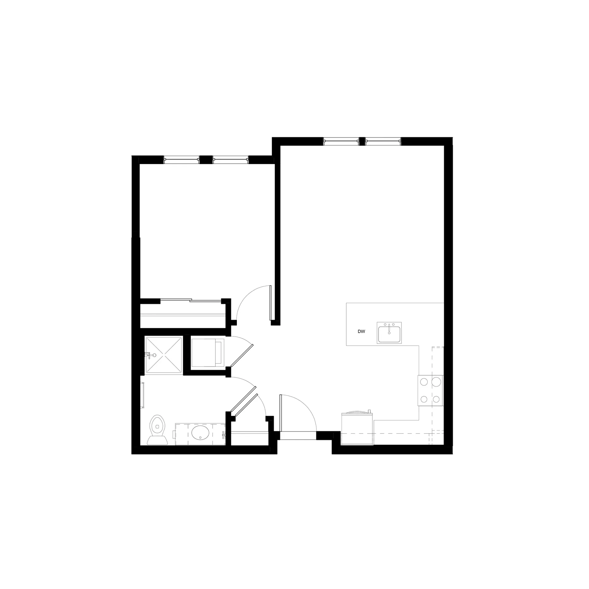 Black-and-white floor plan of a small apartment with two rooms and a bathroom layout