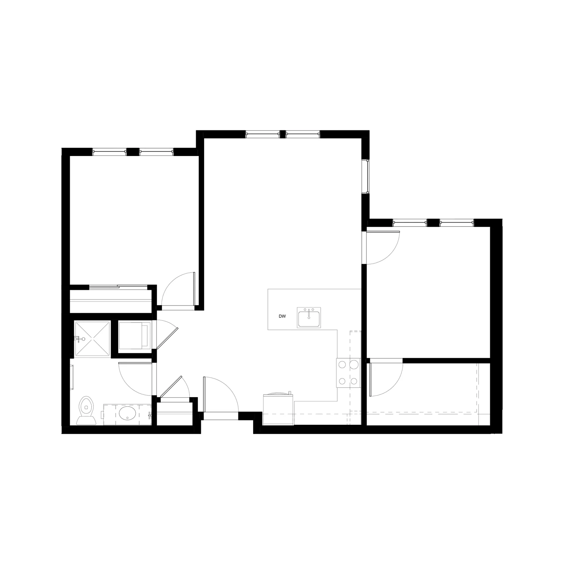 Black-and-white architectural floor plan with multiple rooms and thick exterior walls.