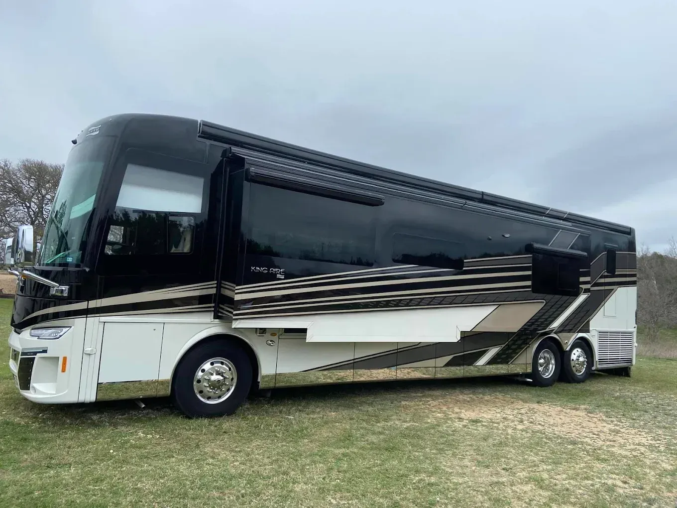 Black-and-white luxury motorcoach parked on grass under a cloudy sky