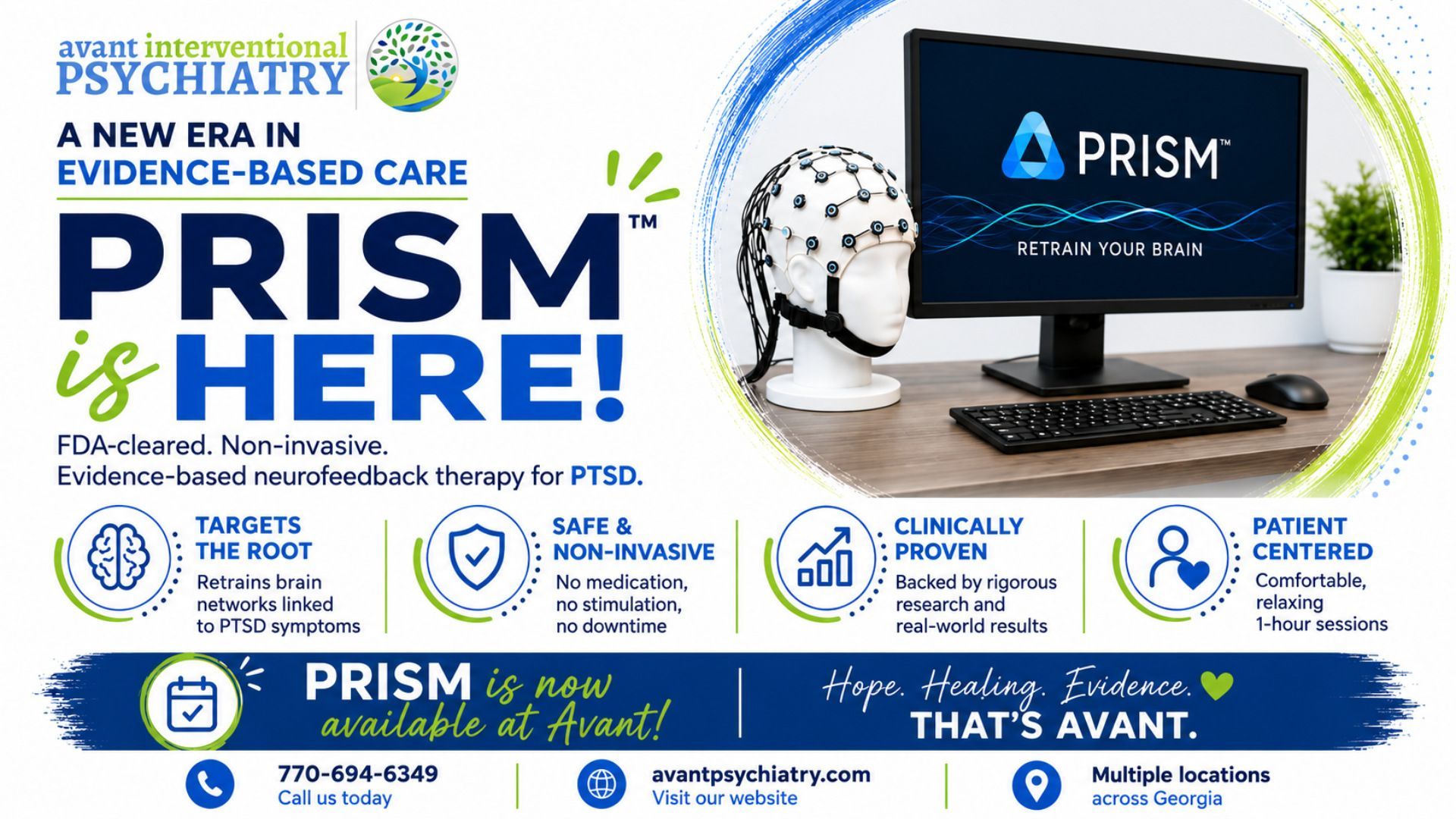 Medical ad for PRISM remote psychiatry with laptop logo, blue-and-white design, and care icons.