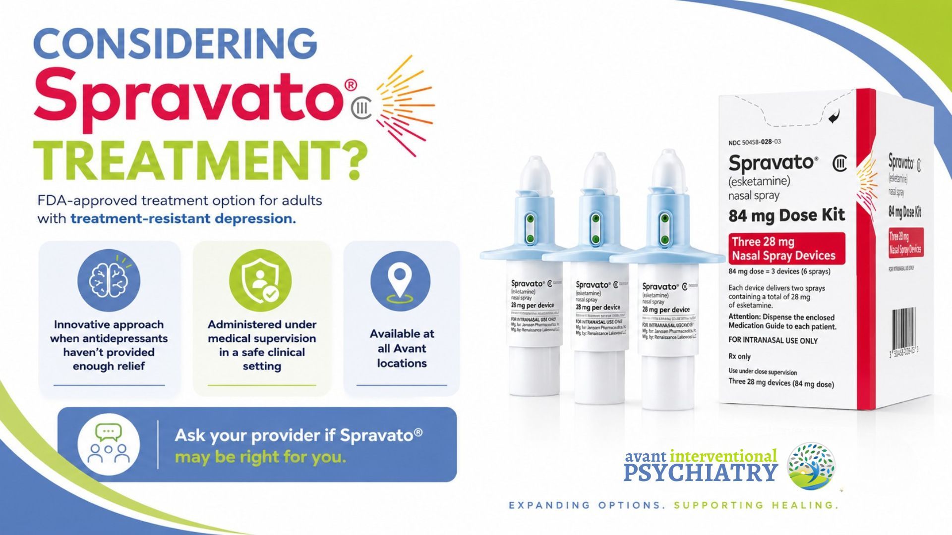 Spravato treatment ad with nasal spray bottles, blue-green graphics, and psychiatric clinic contact info
