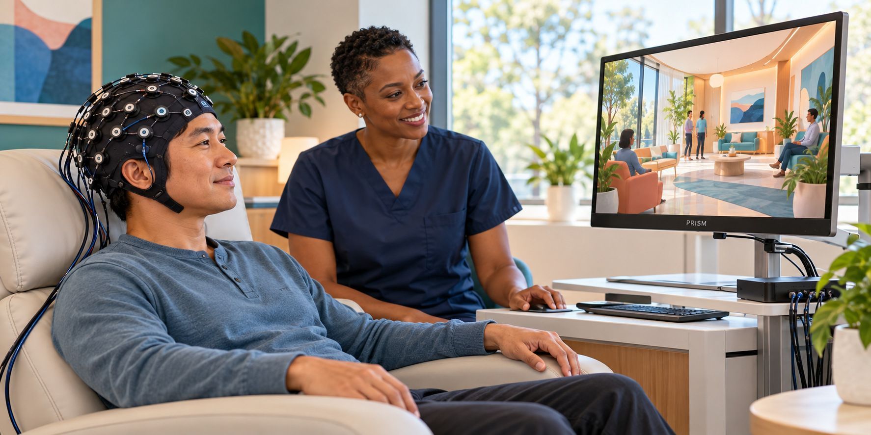 Patient wearing EEG cap talks with clinician while viewing a computer screen in a bright room