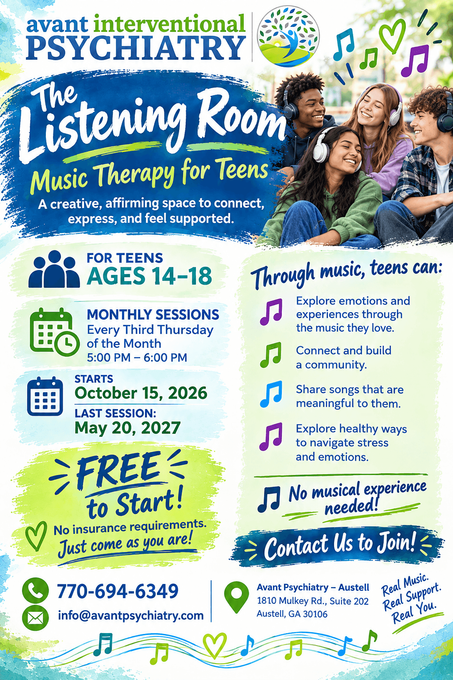 The Listening Room teen group flyer from Avant Psychiatry in Austell.
