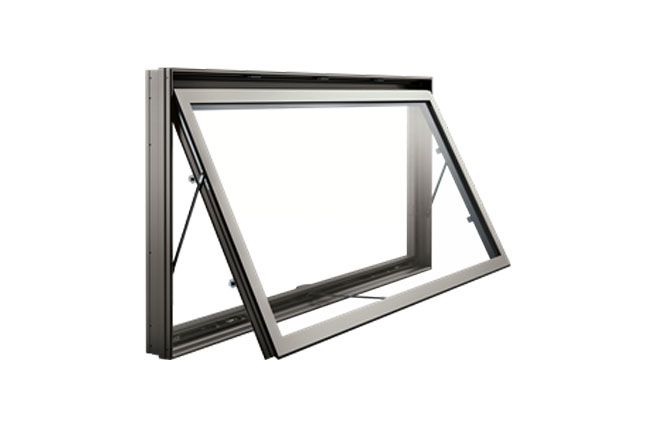 Open awning window with black frame and white sash, swung outward on hinges