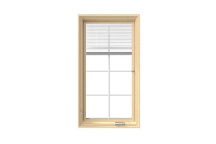 Beige window with white blinds and a central divider, shown against a plain white background