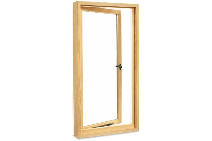 Light wood-framed awning window open outward on a white background