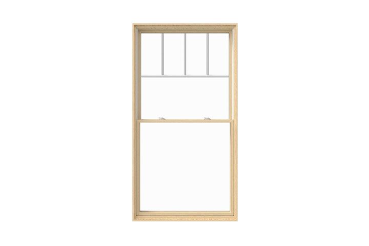 Light wood-framed window with white panes and lower sash against a white background