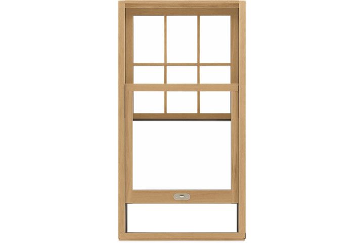 Wooden window frame with divided panes, shown against a white background