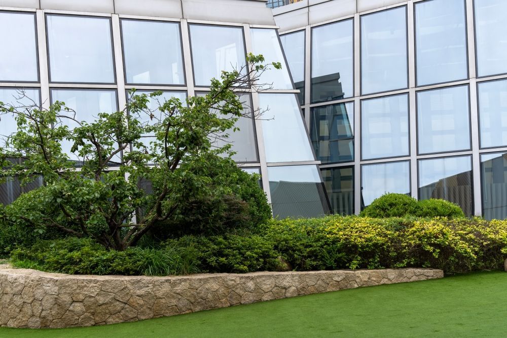 Landscaped garden with shrubs and trees beside a modern glass building
