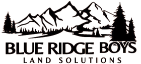 Logo for Blue Ridge Boys Land Solutions featuring black silhouette mountains and pine trees over text.