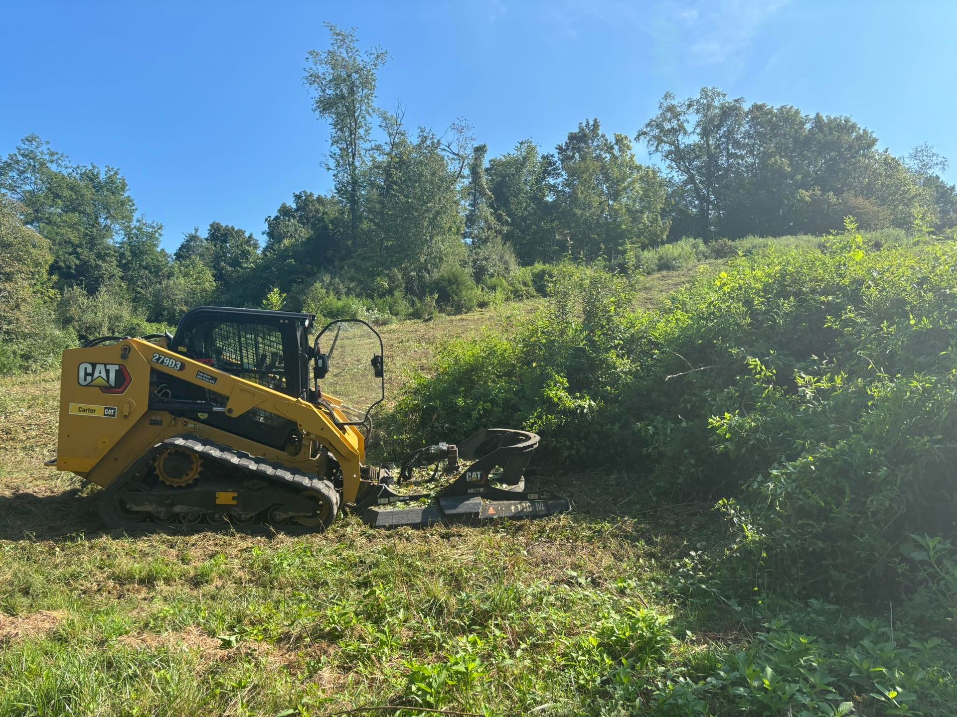 A yellow Caterpillar compact track loader with a brush cutter attachment clearing vegetation on a sunny, grassy hillside.
