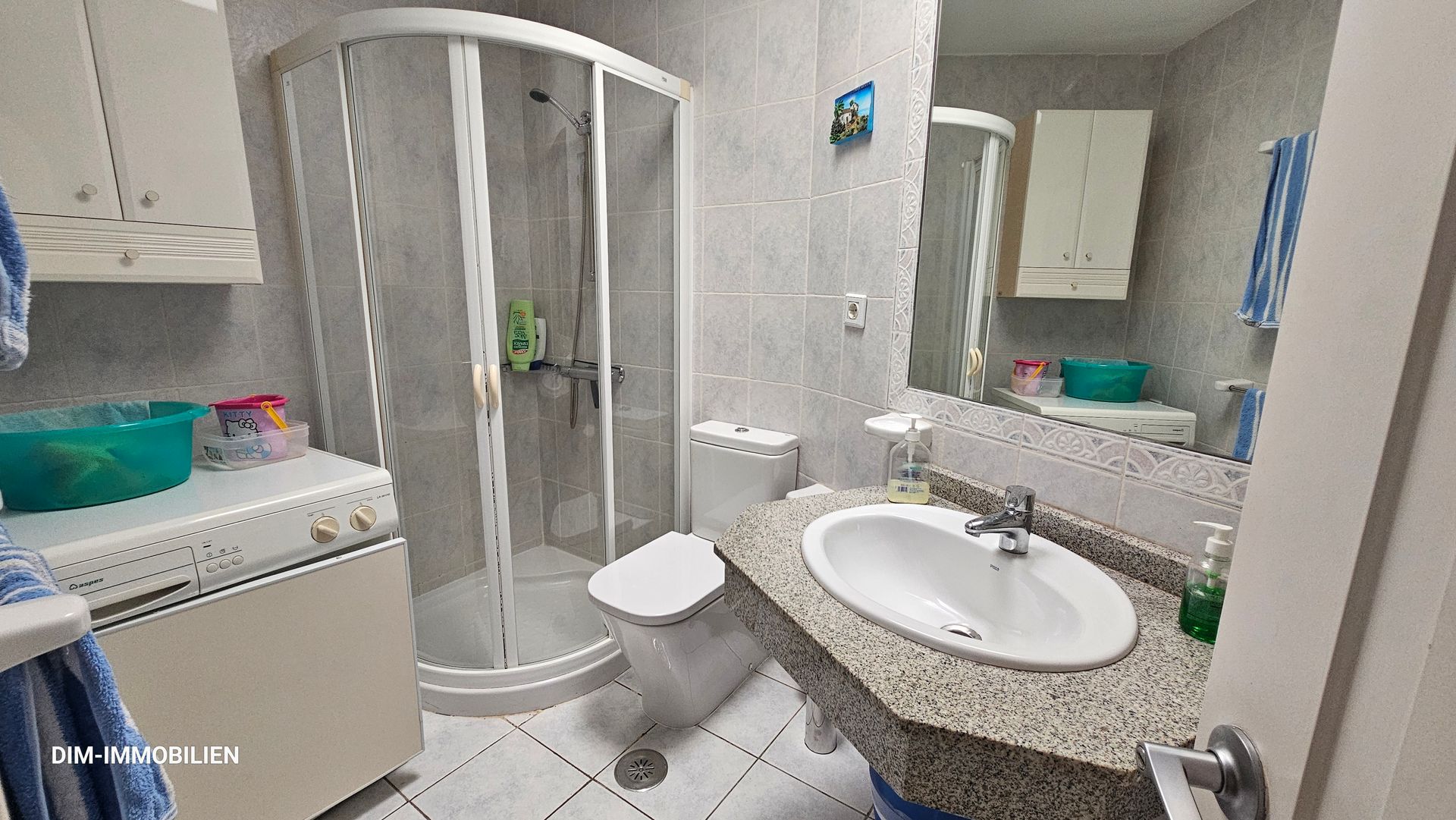 Ein Badezimmer mit Waschbecken, Toilette, Dusche und Spiegel.