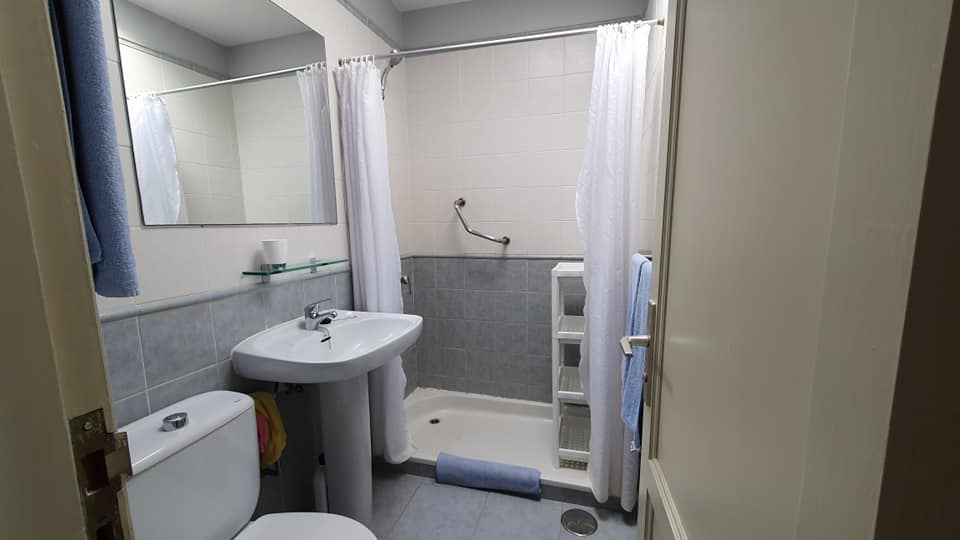 Ein Badezimmer mit Toilette, Waschbecken, Spiegel und Duschvorhang.