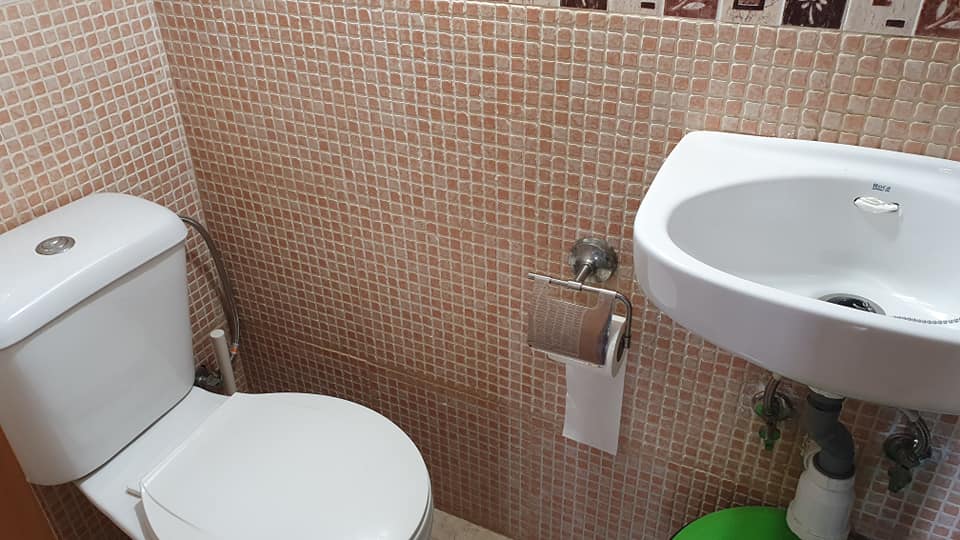 Im Badezimmer gibt es eine Toilette und ein Waschbecken.