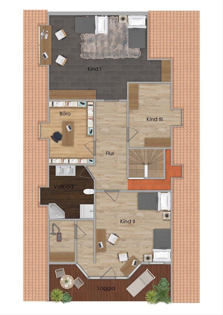 Ein Grundriss eines Hauses mit Balkon.