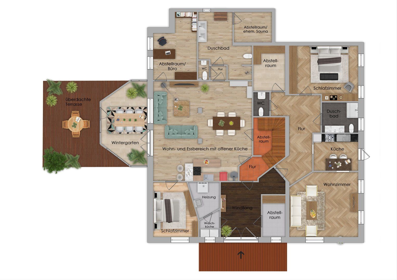 Ein Grundriss eines Hauses mit Terrasse und Treppe.