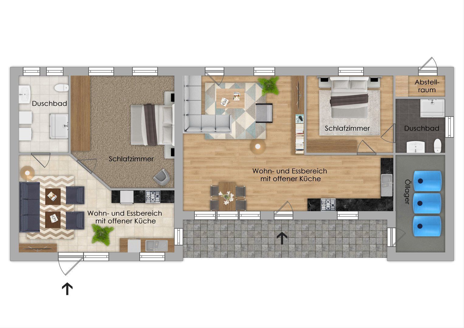 Ein Grundriss eines Hauses mit vielen Möbeln