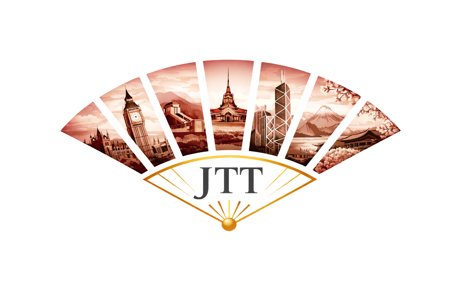 JTT logo with a gold fan motif over a sepia city skyline and sunburst design